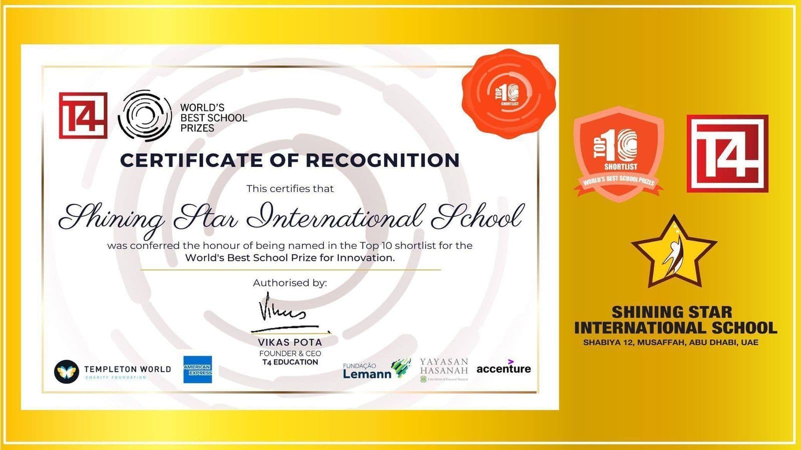 T4 Education certificate naming the school in the top 10 shortlist for the World's Best School Prize for Innovation