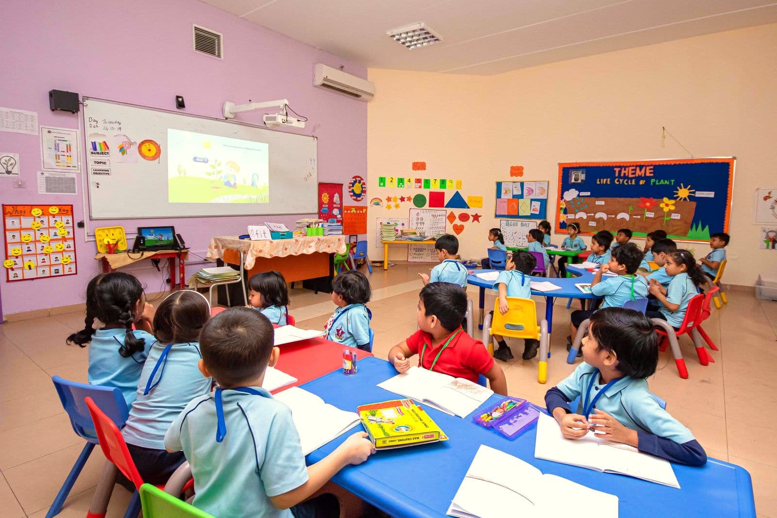 Pupils at group tables turned towards a smart board lesson