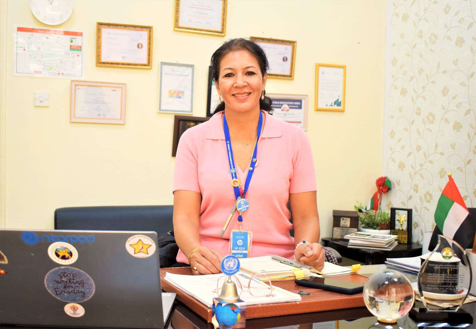 Mrs. Abhilasha Singh at her desk in the principal's office