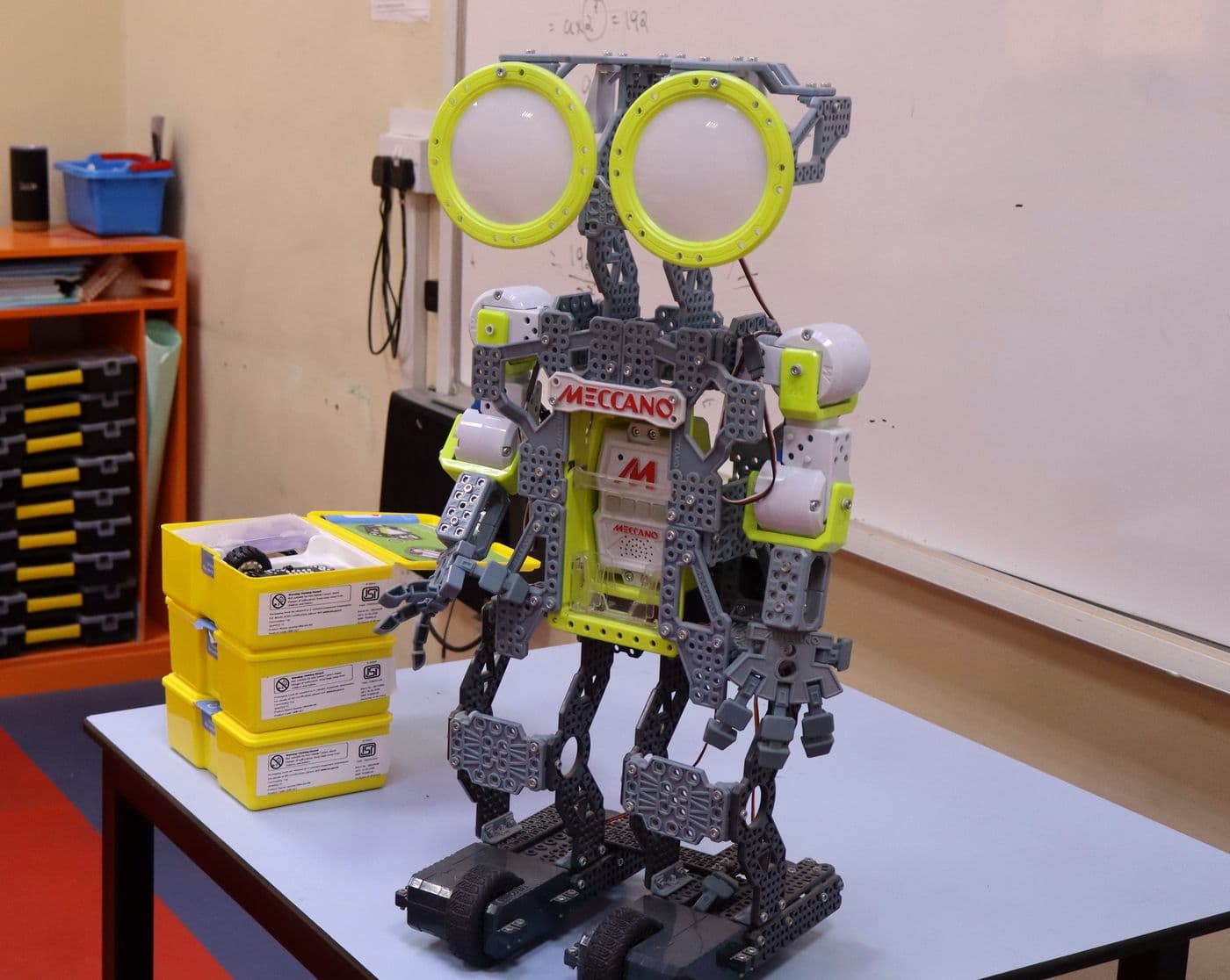 A programmable Meccano robot on a bench in the robotics lab